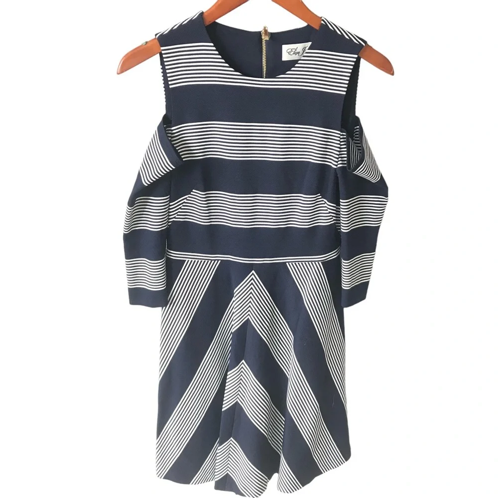 Eliza J Women's Navy Blue & White Striped Cold Shoulder A-Line Dress Size 4P - Picture 3 of 8